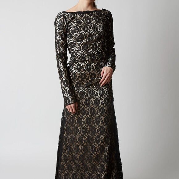 Black Lace Formal Gown Grad Bridesmaid Low Back with Train - Picture 3 of 15